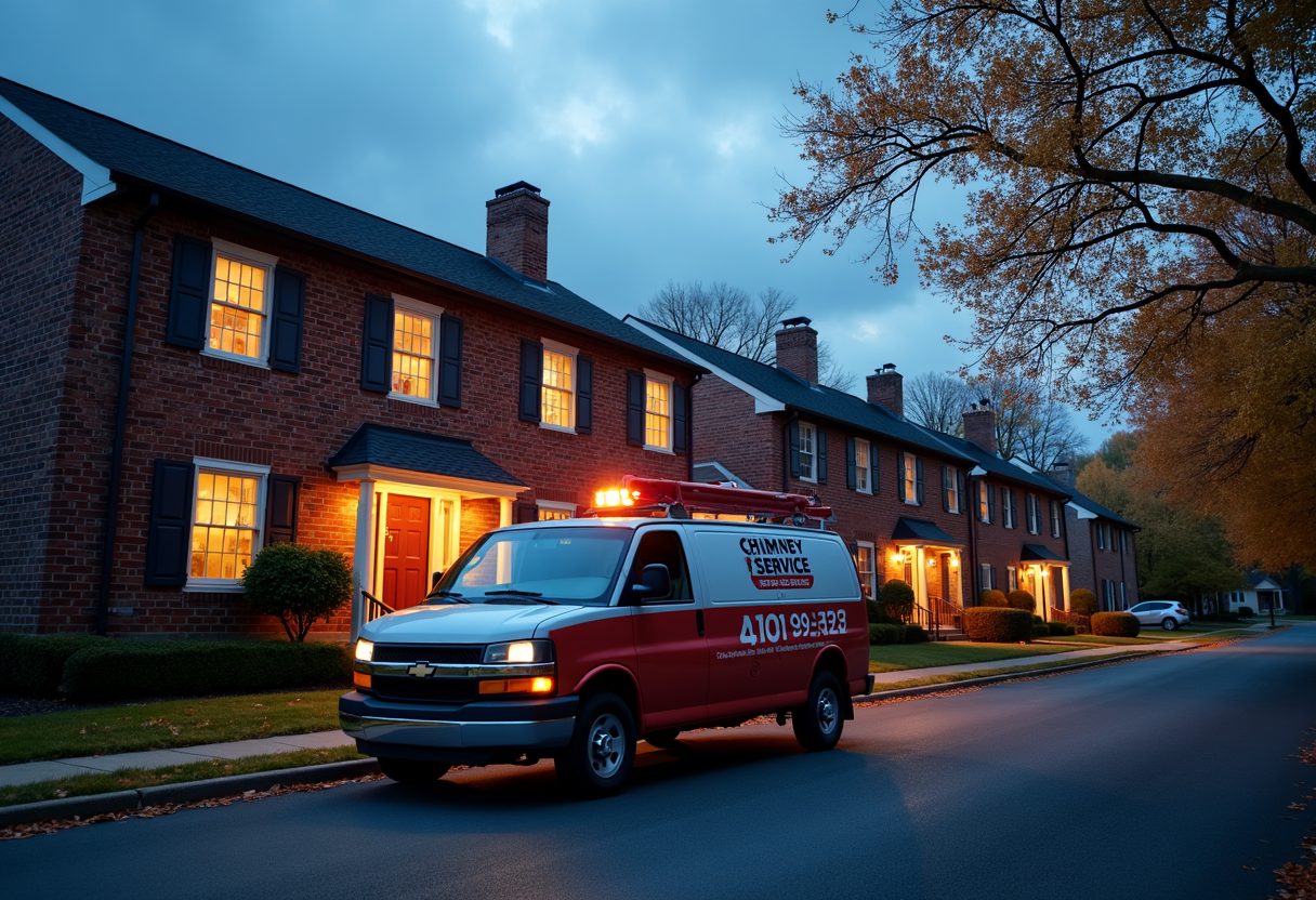 Chimney service van outside brick townhouses at dusk — Lake Stevens
